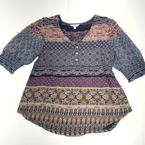 Lucky Brand Top M Medium Blue Pink Boho Sheer Sleeve Paisley Knit Blouse Henley